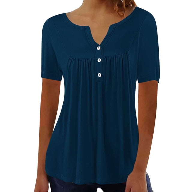 Womens Pleated Tunic Tops, Short Sleeve Button V-Neck Solid Color Loose Fitting T-Shirt Blouse Tops Summer Tops for Lady Plus Size Navy M
