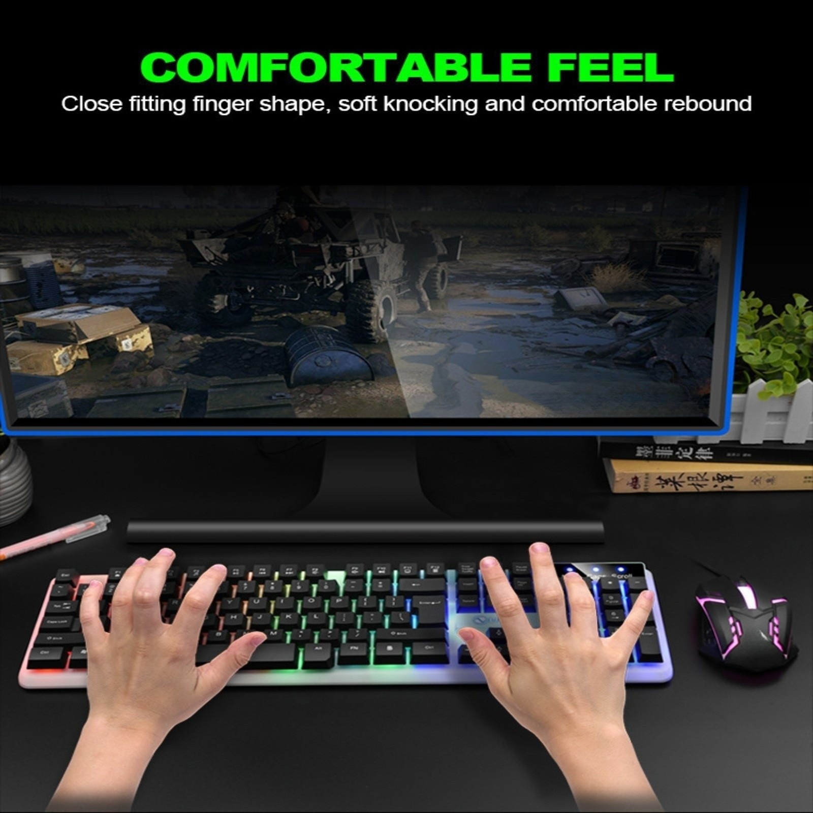 Wired Gaming Keyboard 104-Key, Colorful RGB Backlit Computer Keyboard with Ergonomic Mechanical Feel, Waterproof USB PC Keyboards for Desktop PC Laptop Gaming and Office Use.