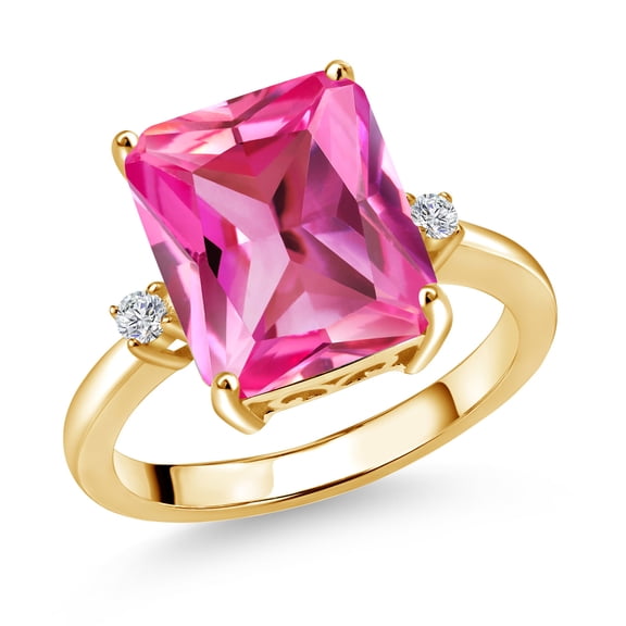 Gem Stone King 18K Yellow Gold Plated Silver 12X10MM Pink Created Sapphire and 2MM White Lab Grown Diamond 3 Stone Engagement Ring for Women | 6.68 Cttw | Gemstone September Birthstone | Size 9