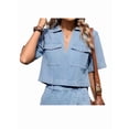 thumbnail image 2 of Women'S Denim 2 Piece Outfits Summer Lapel V Neck Crop Top Jean Skirt Shorts Set with Pockets Light S, 2 of 9
