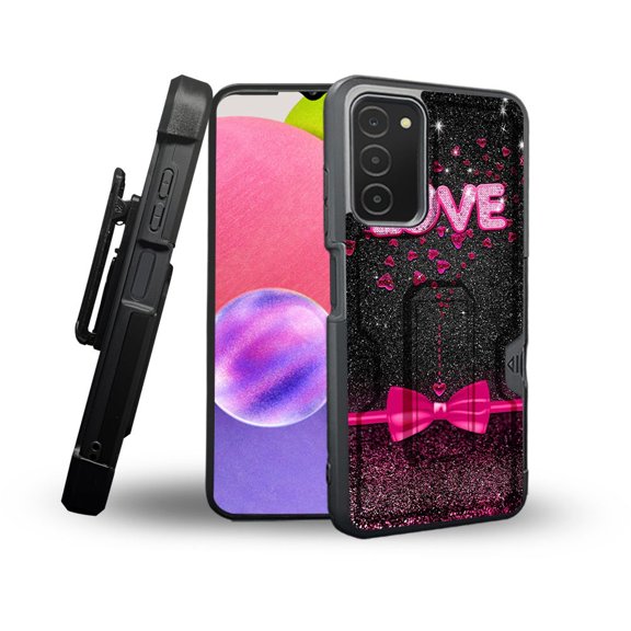 ANJ Rugged Shockproof Holster Case Card Slot Kickstand Tempered Glass Cover for Samsung Galaxy A03s - Love w/Pink Bow