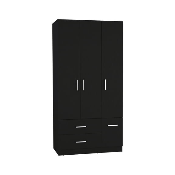 Armoire Wardrobe 71"H, 4 Doors, Hanging Rod, 3 Cabinets, 6 Shelves, Black