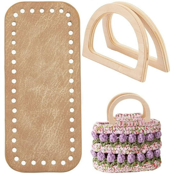 Crochet Bag Making Kit 7 x 3 Inch Oval Leather Bottom Shaper Pad with 2pcs D Shape Wooden Handles for DIY Knitting Shoulder Bags Craft Making