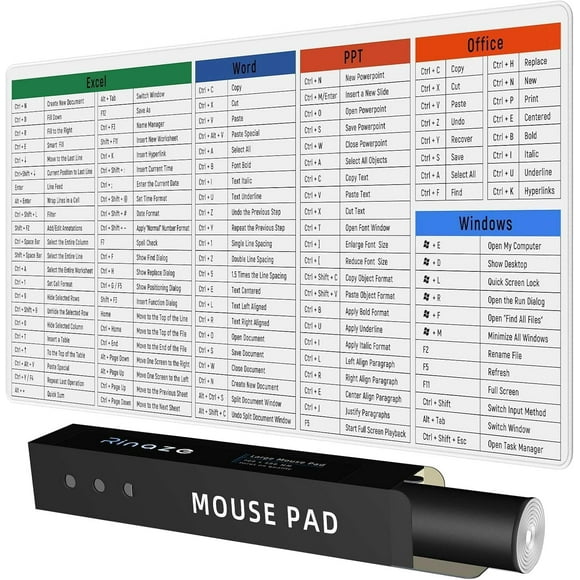 shiyou-Large Mouse Pad Desk Mat with Excel Shortcuts Cheat Sheet, Excel Tips Desk Pad, Comfortable Gaming Mousepad Keyboard Mat, Office Desk Accessories for Computer, MacBook, PC and Laptop - White