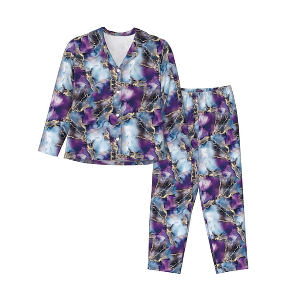 Fotbe Purple Marble Texture Conjunto de Pijama de Manga Larga para Mujer con Estampado, Ropa de Dormir de 2 Piezas, Conjunto de Casa Suave y Cómodo con Bolsillos-Medium