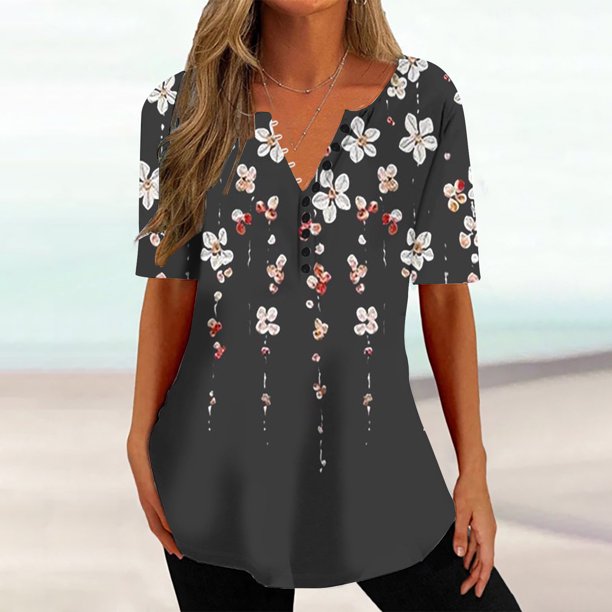 ICHUANYI Clearance Women Fashion Casual Printing Short Sleeve Loose Tee Tops Tunic Blouse(Black, XXL) ICHUANYI WER2023080900859