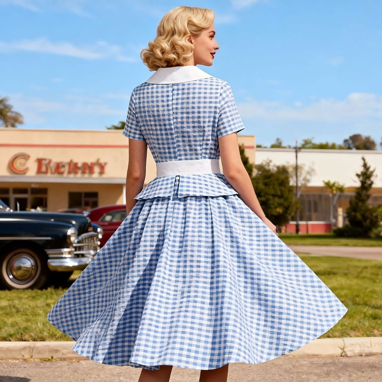 Telankuip Womens 1950s Vintage Short Sleeve Midi Dresses Cute Collar Knee Length Retro Swing a Line Sundress Fashion Plaid Print Party Evening Prom Dress with Waistband Blue XL