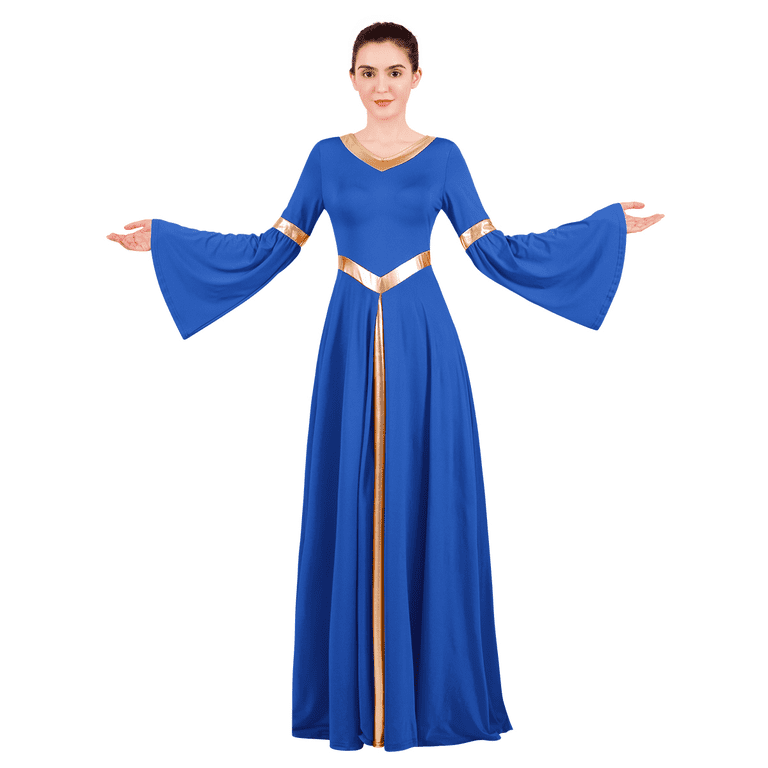 Ibtom Castle Women Metallic Color Block Liturgical Praise Dance Dress Bell Long Sleeve Lyrical Dancewear Gowns Worship Costume 3XL Royal Blue