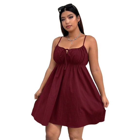 AURA Plus Size Womens Wine Red Spaghetti Strap Mini Dress High Waist Flowy Casual Summer Vacation Dress