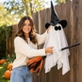 thumbnail image 4 of MMJ Halloween Hanging Flying Witch Ghost Ornament with Broomstick Handmade Satin Fabric for Wall Porch Tree Indoor Decor, 4 of 7