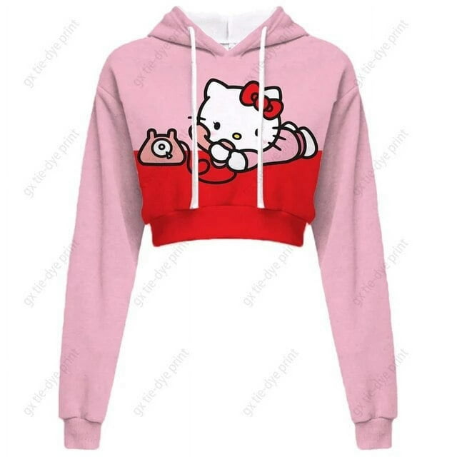Hello Kitty Chandail en Molleton Court à Manches Longues pour Femmes, Motif, Chandail Noir, Chandail à Capuchon de Mode pour Femmes