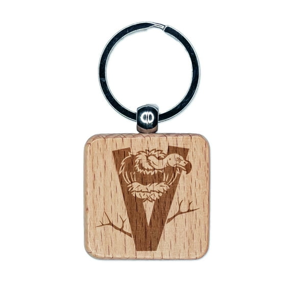 Animal Alphabet Letter V for Vulture Square Keychain Charm Tag - Engraved Wood