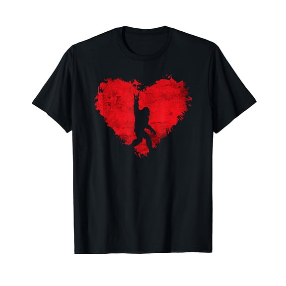 Boys Girls Kids Love Sasquatchs Bigfoot Heart Valentines Day Short Sleeve Black T-Shirt