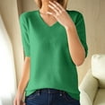 thumbnail image 2 of Green Tshirts Shirts for Women Graphic, Elbow-Length Blouses for Women Business Casual, Cotton Womens Tops Casual, Women's Fashion Sweater V Neck Half Sleeve Loose Base T Shirt Top, 2 of 9
