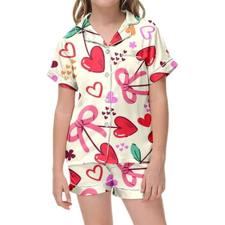 Gbsyewxs Girls Outfits Tops And Shorts Set 2 Piece Bow Print Lapel Short Sleeve Heart Loungewear Summer Girls Clothes Set Watermelon Red Size 8-9 Years