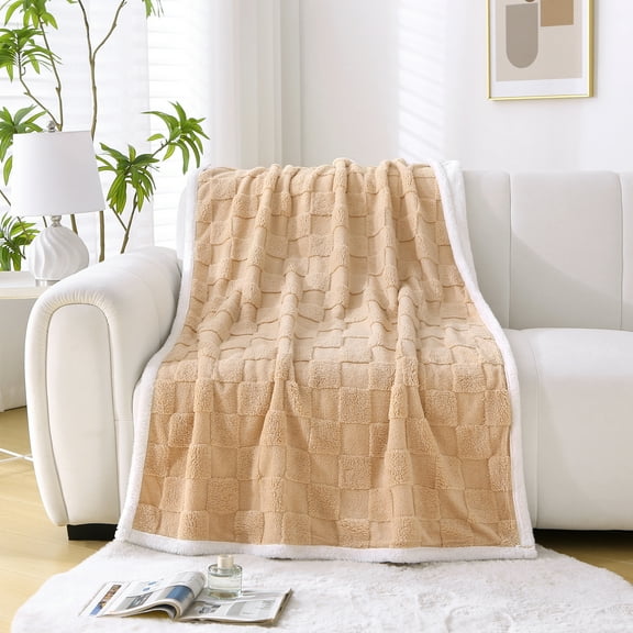 Fleece Throw Blankets for Sofa Camel - Soft Lightweight Plush Cozy Fuzzy Checkered Warm Winter Blanket Microfiber, 40x60 inches