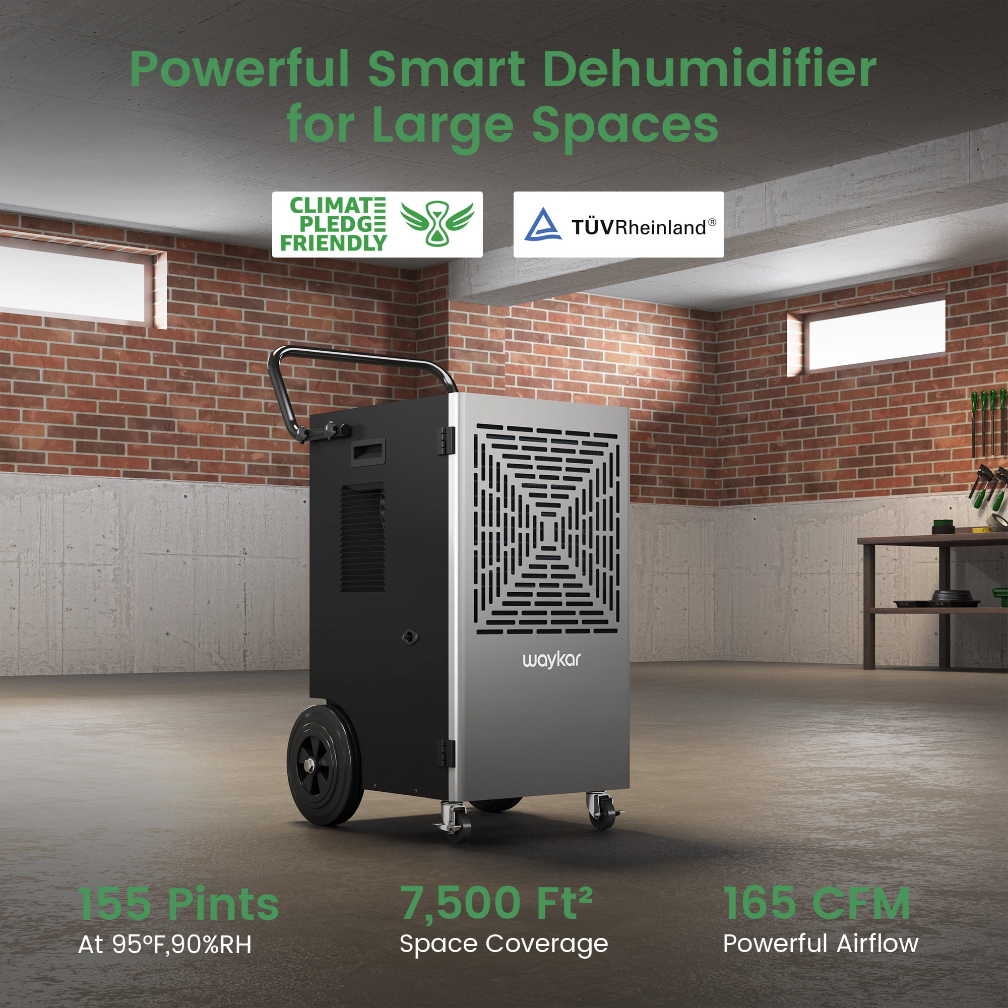 Waykar 155 Pints Commercial Dehumidifier for Large Spaces up to 7500 Sq.Ft with Pump, Smart Humidity Control, Auto Defrost, 24H Timer - for Basements, Warehouses, Home, Office