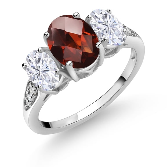 Gem Stone King 10K White Gold Red Garnet White Moissanite and White Lab Grown Diamond 3 Stone Engagement Ring for Women (2.58 Cttw, Gemstone Birthstone, Available in Size 5, 6, 7, 8, 9)
