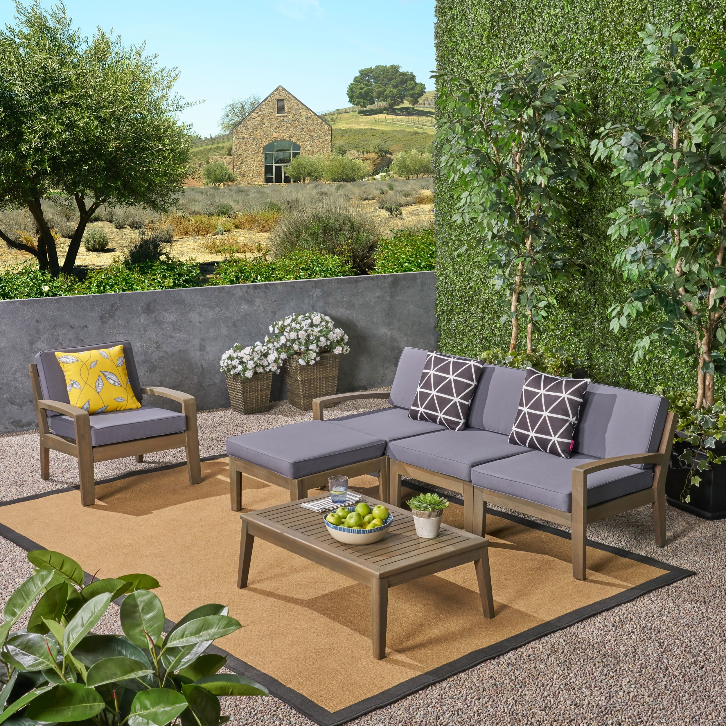 Wilcox Outdoor 6 Piece Acacia Wood Sectional Sofa Set with Cushions, Gray, Dark Gray Walmart