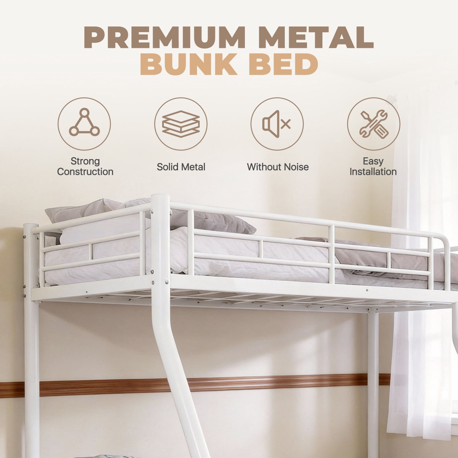 BaPiPro Metal Bunk Bed Twin Over Full Size with Removable Stairs, Heavy Duty Metal Frame for Teens & Adults, No Box Spring Needed, White