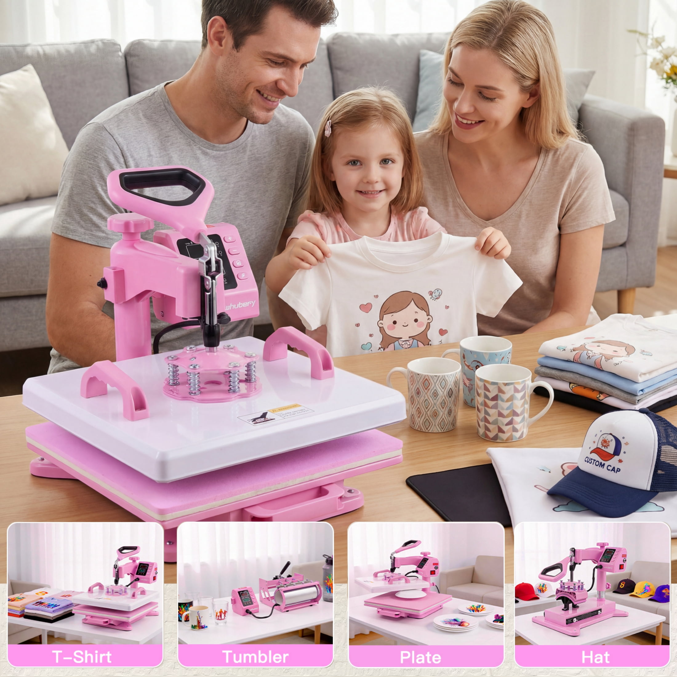 Adnoom Heat Press 15x15, 5 in 1 Multifunctional Shirt Press Machine Combo, 360° Swing Away Heat Transfer Sublimation with LED Display for T-shirts Mugs Hat Plate Cap Pink