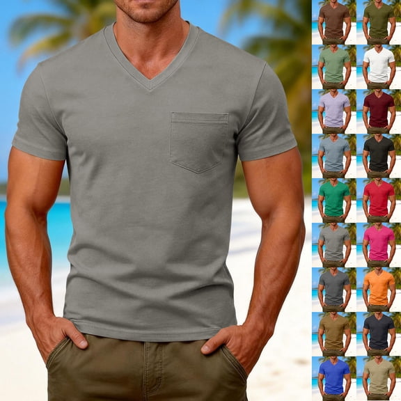 Mens T-shirts Short Sleeve V Neck Pocket Tee Solid Color Slim Fit Casual Summer Top Army Green L
