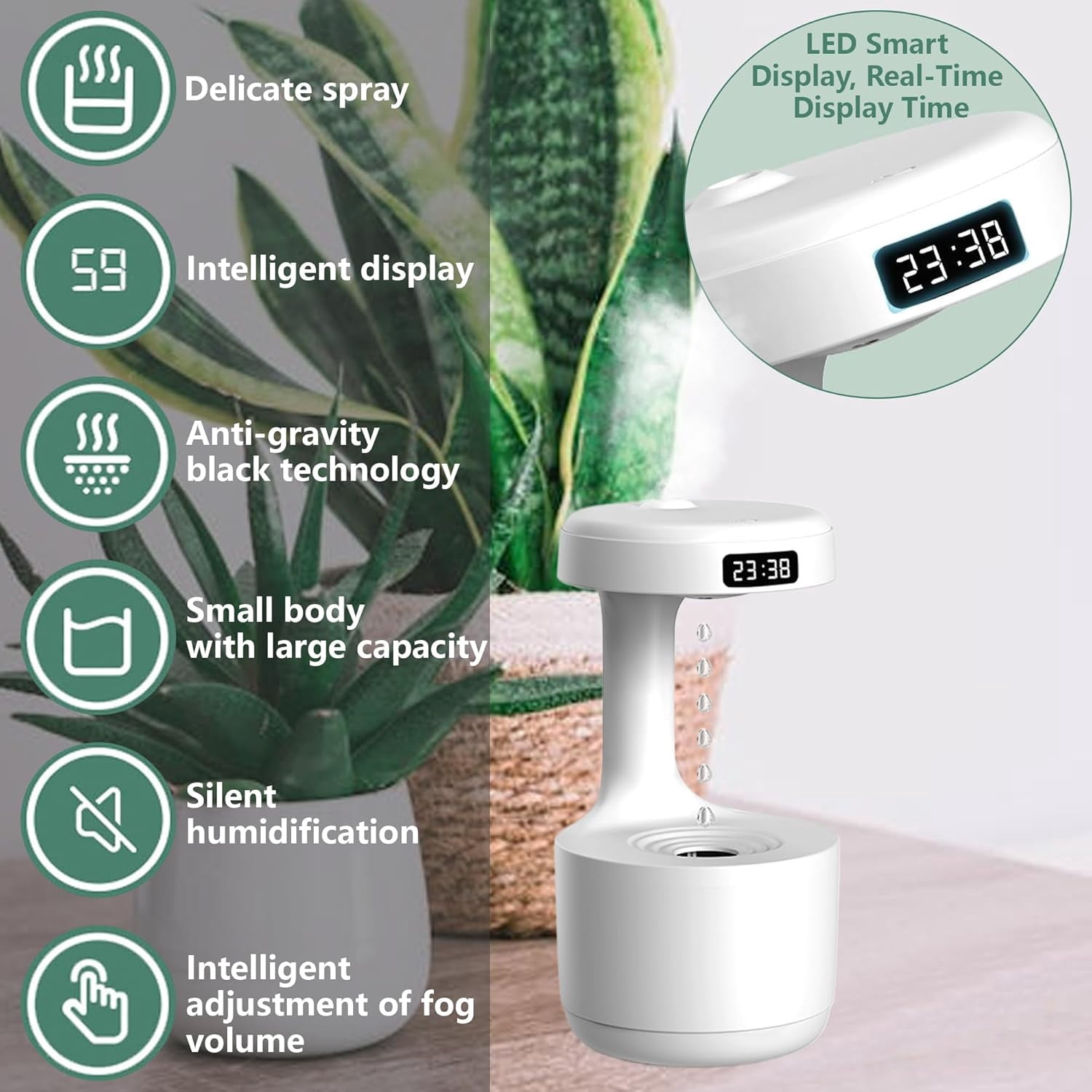 Anti Gravity Water Drop Humidifier: Upgrade Ultrasonic Anti Gravity Humidifier with LED Clock Display, Cool Mist Air Humidifier with Night Light for Home Bedroom Office (Green)