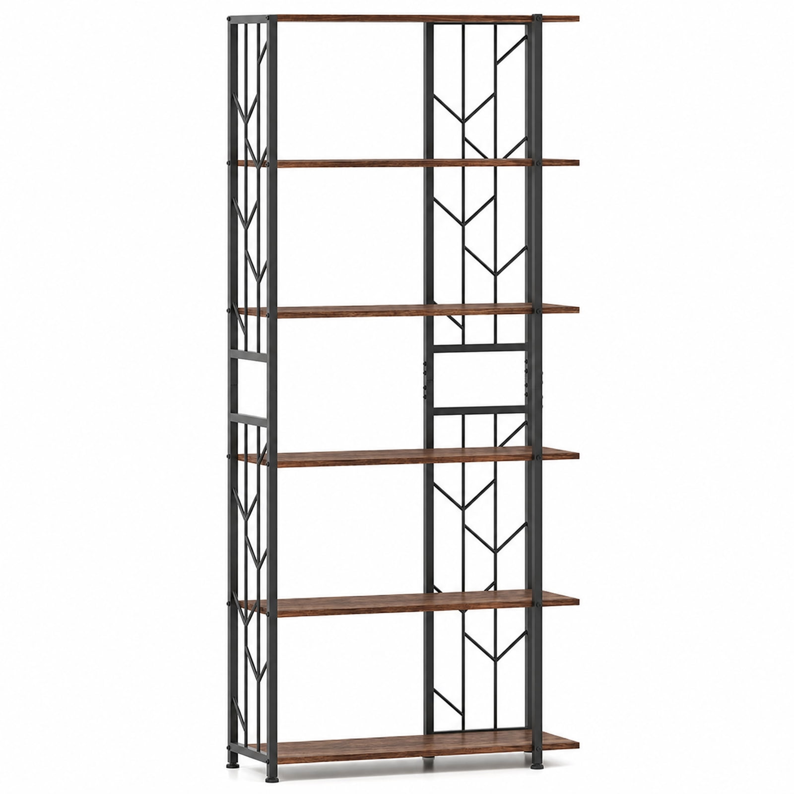 Furnibear 6-Tier Bookshelf Modern Geometric Bookcase with Heavy-duty Metal Frame and Anti-tipping Kits for Living Room Home Office, Rustic Brown