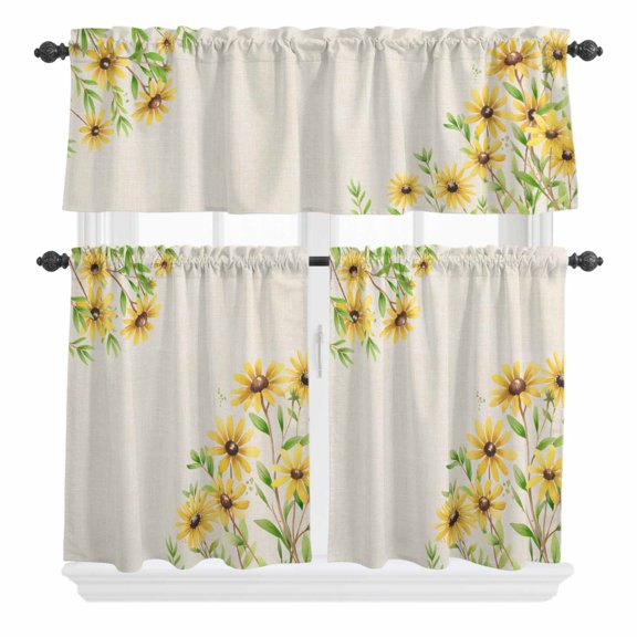 3 Piece Kitchen Curtains and Valances Set Yellow Daisy Flowers Cafe Curtains 36 Inch Length Spring Summer Rustic Garden Floral Valance & Tier Curtain for Living Room Bedroom Window 54"x18" 27"x36"*2