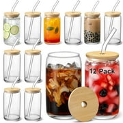 Glass Cups with Bamboo Lids and Glass Straw - Beer Shaped 16 oz Iced Coffee Drinking Glasses, Cute Tumbler Cup for Smoothie, Boba Tea, Whiskey, Water