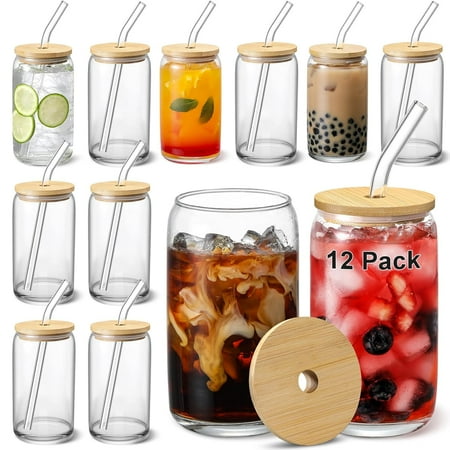 Glass Cups with Bamboo Lids and Glass Straw - Beer Shaped 16 oz Iced Coffee Drinking Glasses, Cute Tumbler Cup for Smoothie, Boba Tea, Whiskey, Water