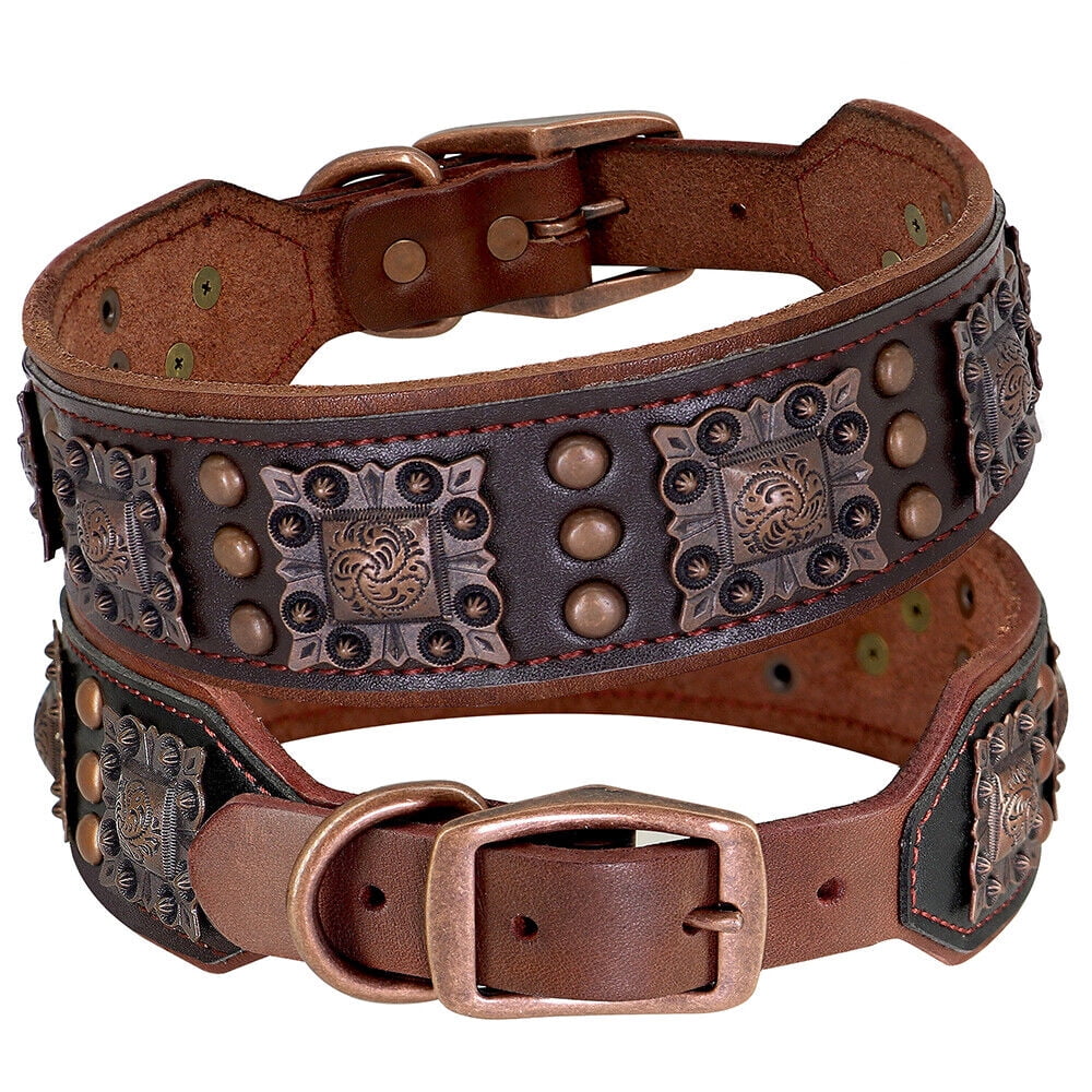 Beirui 2 inch Wide Padded Genuine Leather Dog Collar Strong Heavy Duty Studded Collars Adjustable for Medium Large Dogs German Shepherd