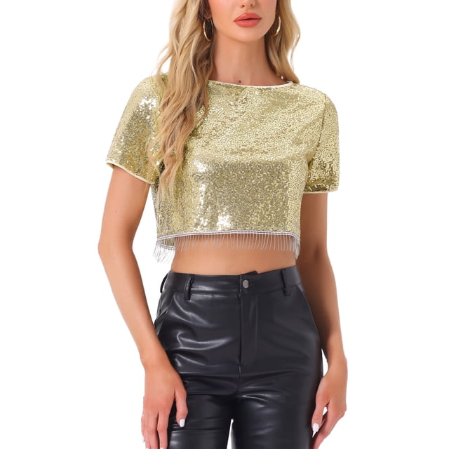 INSPIRAR CHIC Blusa de Mujer con Lentejuelas Brillantes de Manga Corta Cortada Cuello Redondo con Flecos para Fiesta de Cóctel Brillante XS Dorado