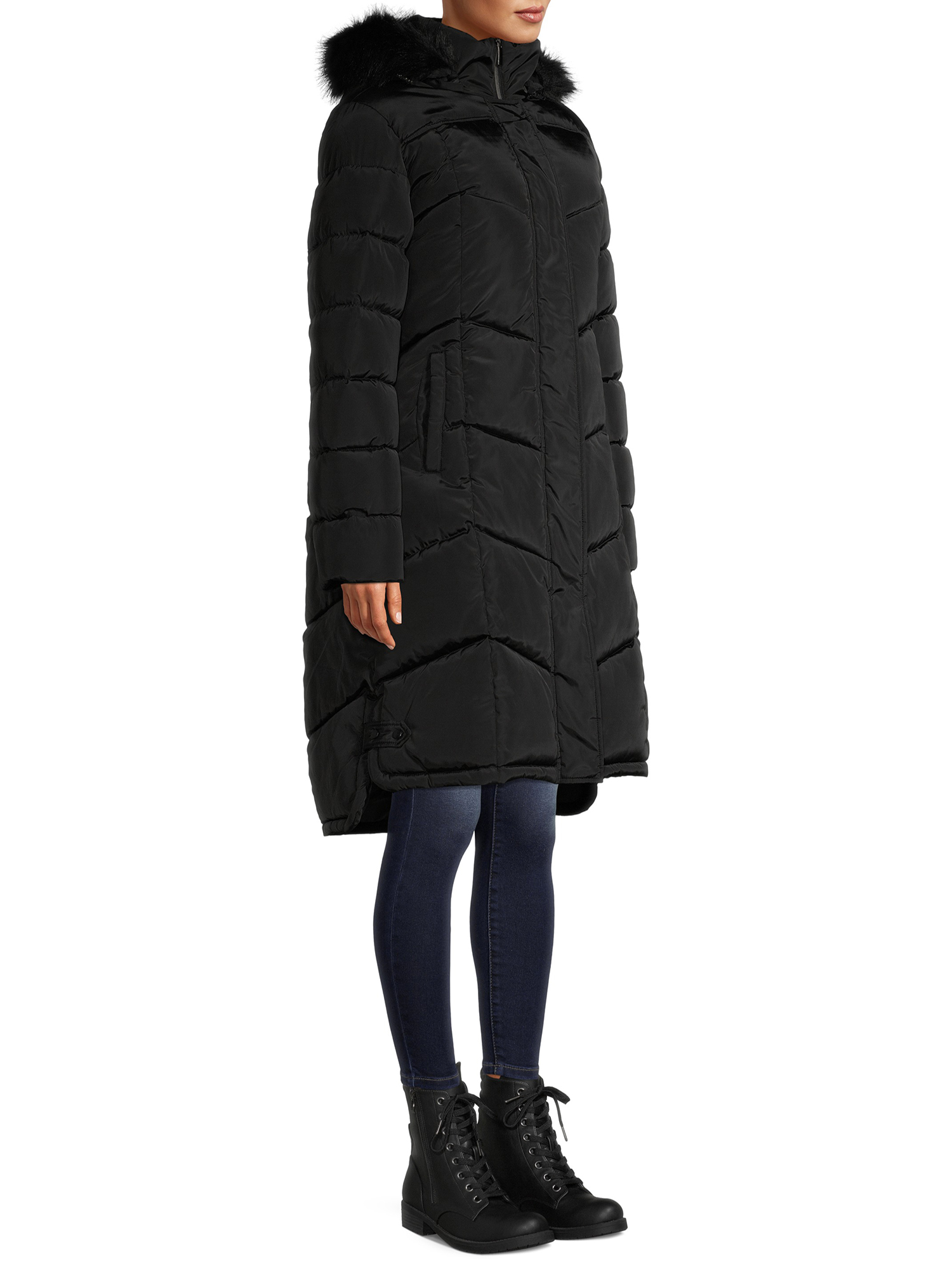 Big Chill Women's Maxi Chevron Puffer Coat with Faux Fur Trim Hood - image 4 of 6