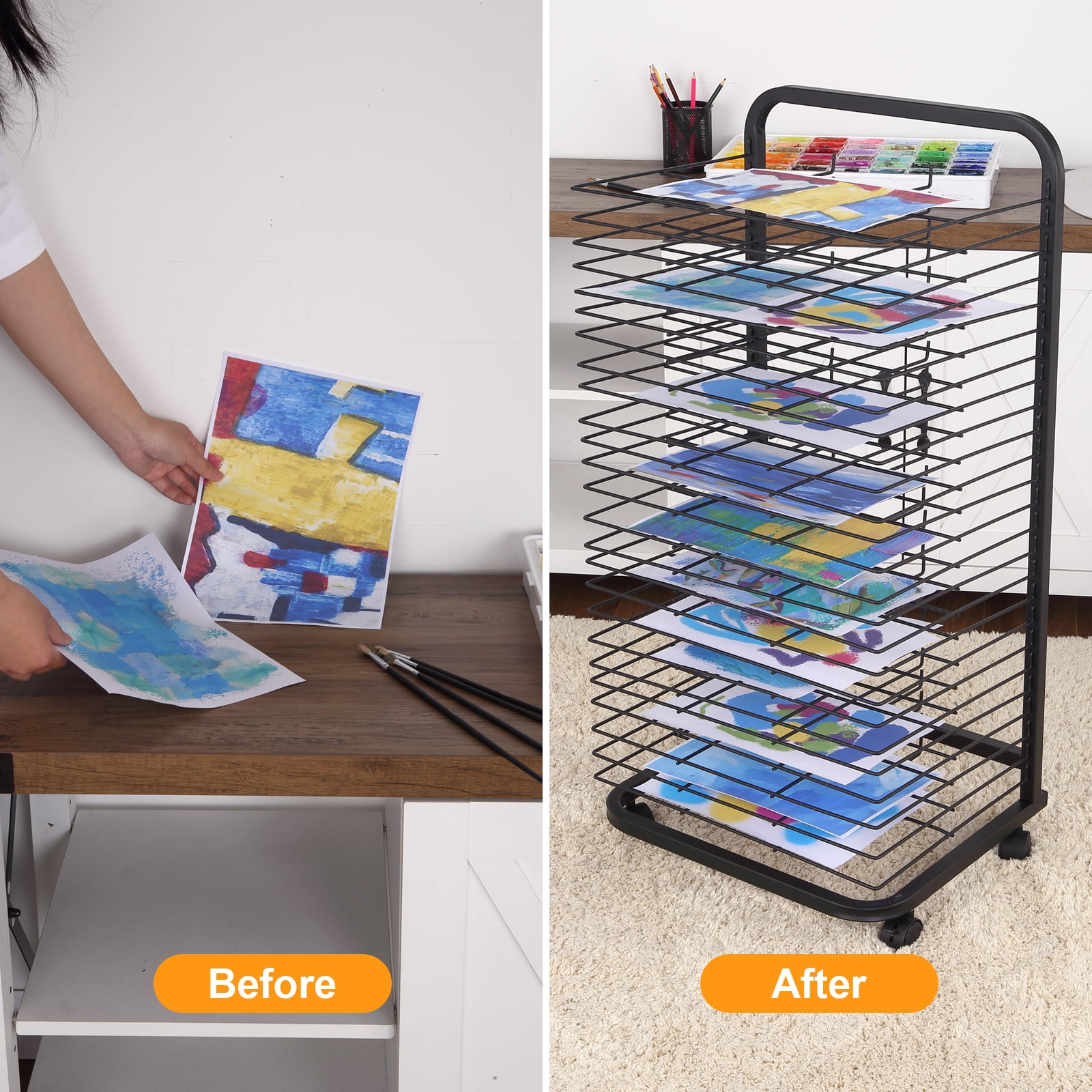 Joymaney New Art Drying Rack for Classrooms, No Shelves Fall Out, 25  Removable Shelves, Mobile, Sturdy Metal, Ideal for Schools,Art, Preschool;  Height
