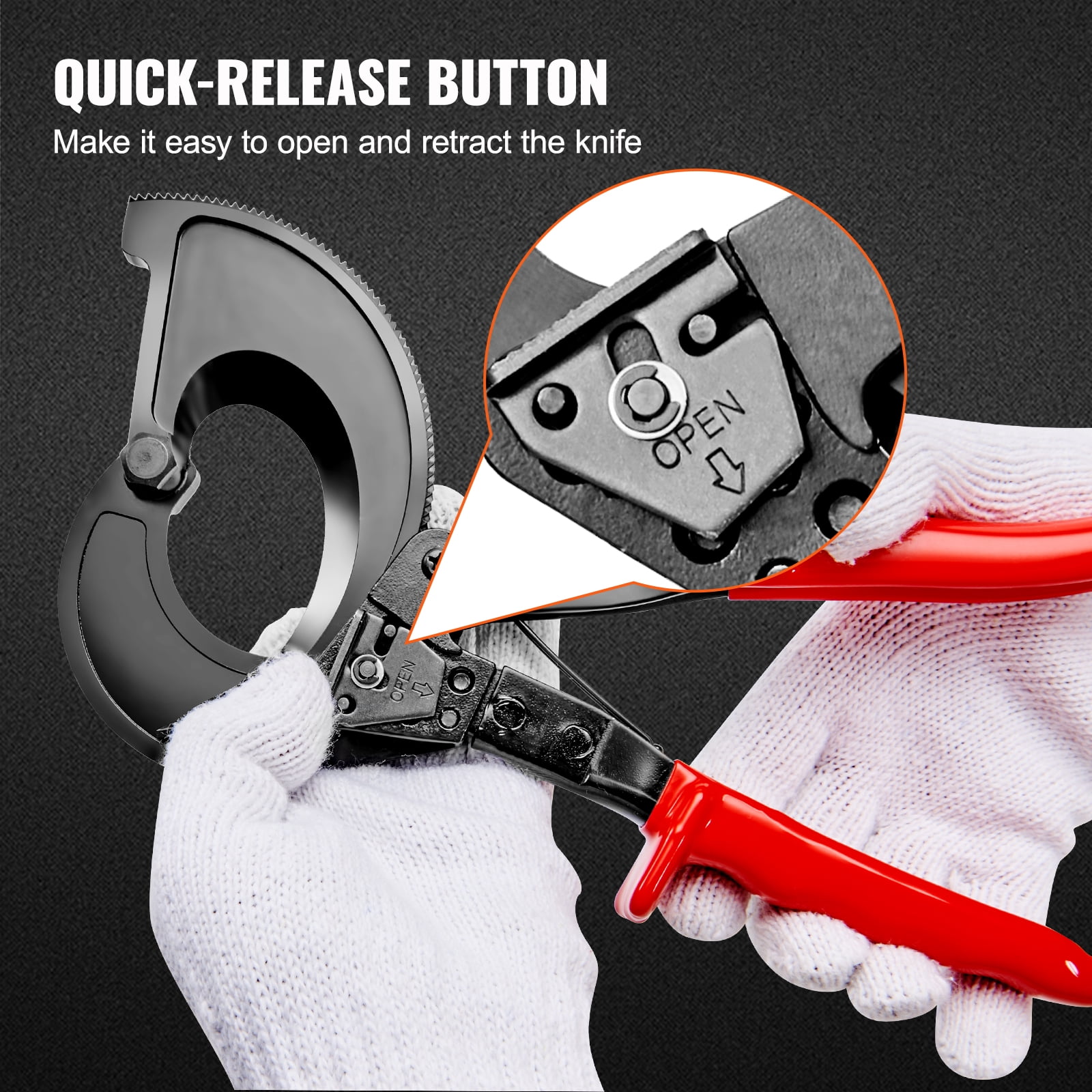 KFFKFF Ratcheting Cable Cutter, 11" Ratchet Wire and Cable Cutter, Cut up to 400 mm², with Comfortable Grip Handles, Easy to Use Quick-Release Lever, Silicon-Manganese Spring Steel Blade