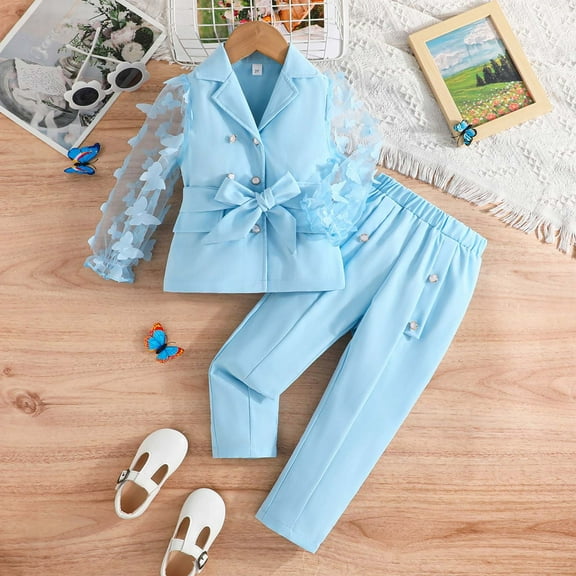 GBSYEWXS Toddler Children Girls Outfits Sets Size 2 Years-3 Years Long Sleeve Solid Color Tops Pants Daily Wear Cute Blue Outfit Set