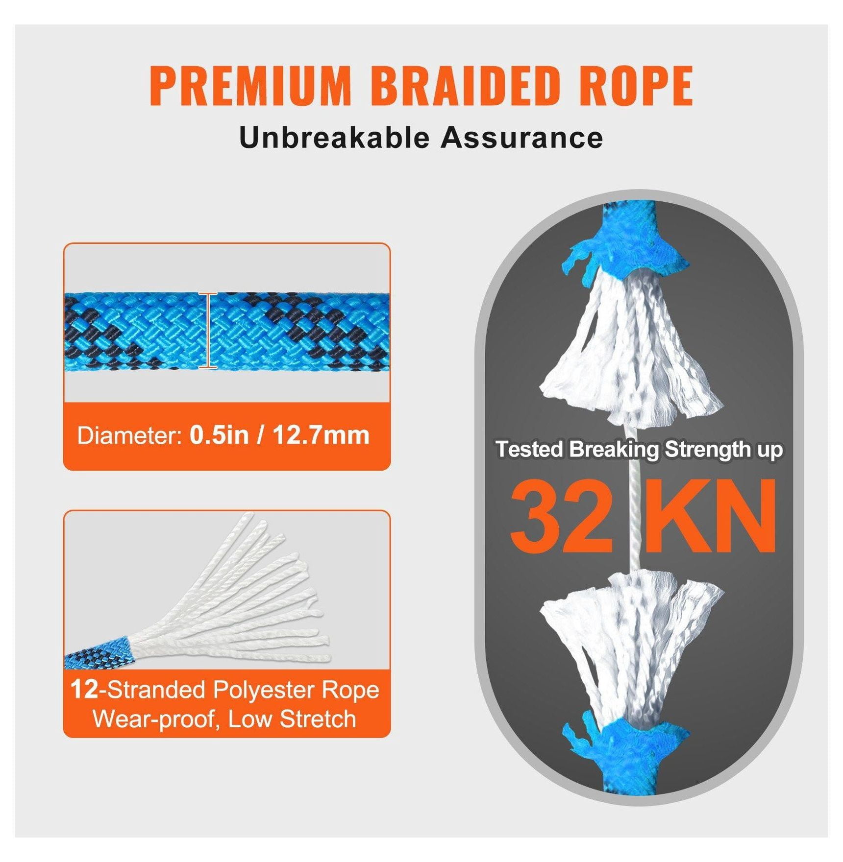 12.7mm Static Climbing Rope 45.7M (150ft) - 32KN Rock Climbing Rope, Polyester Fiber Rope with Snap Hooks for Rappelling, Rescue - Blue