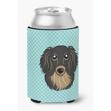 

Checkerboard Blue Longhair Black and Tan Dachshund Can or Bottle Hugger