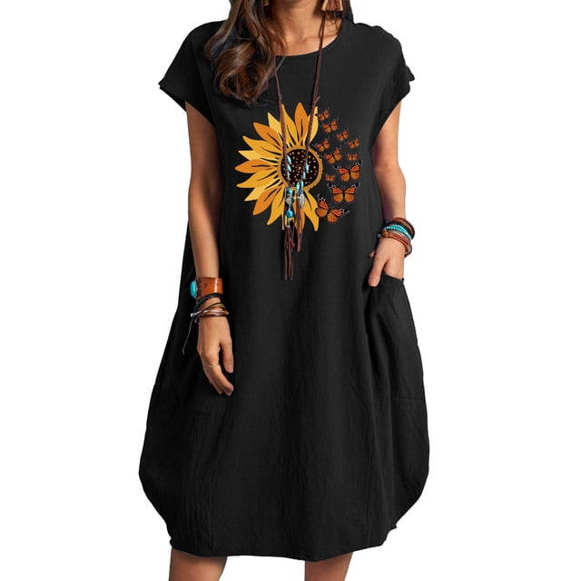 Pompotops Robe Décontractée Mode Femme Col Rond Imprimé Floral Grande Taille avec Poches en Solde