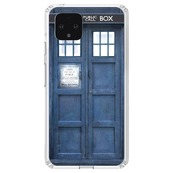 DistinctInk Clear Shockproof Hybrid Case for Google Pixel 4 XL (6.3" Screen) - TPU Bumper, Acrylic Back, Tempered Glass Screen Protector - TARDIS Call Box Photograph