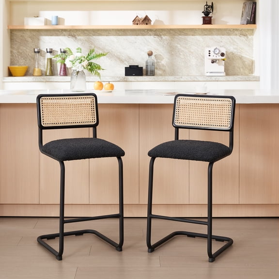 Zesthouse 26" Rattan Counter Height Bar Stools Set of 2, Boucle Upholstered Barstools with Cane Back and Metal Base, Mid Century Counter Height Chairs for Kitchen Island, Black