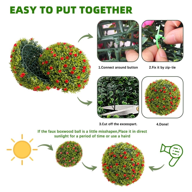 Grandes Boules Topiaires en Faux Buis avec Fleurs Rouges – Sphères Suspendues de Verdure Artificielle pour Décoration Intérieure et Extérieure de la Maison, Porche, Mariage – Ensemble de 2, Diamètre 52 cm, Rouge