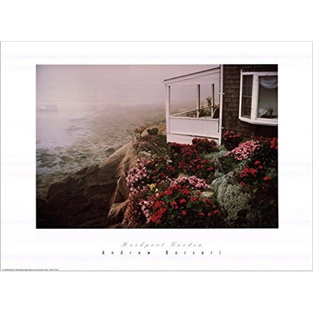 - Rockport Garden by Andrew Borsari 24x18 Art Print Poster Photograph Beautiful Coastal Beach House with Floral Garden Rocky Cliff Foggy Ocean View