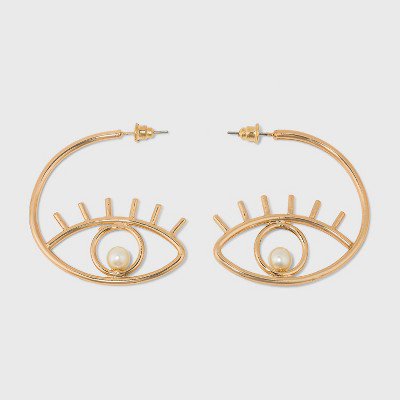 Eye Icon with Simulated Pearl Open Hoop Earrings - Wild Fable Gold