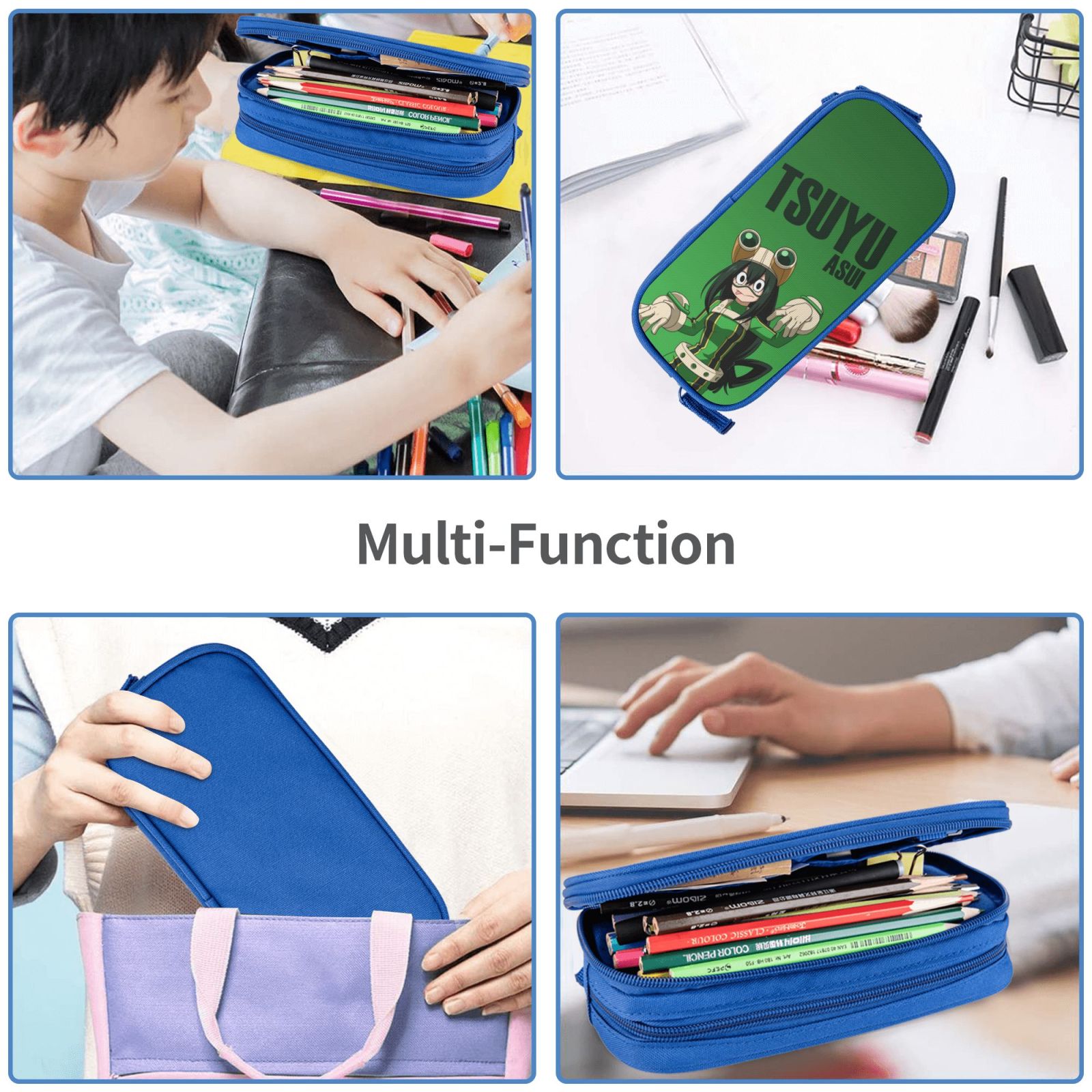 My Hero Academia Tsuyu Asui Pencil Case Large Capacity Pencil Pouch Pen Bag Office Stationery Organizer Travel Makeup Bag Blue