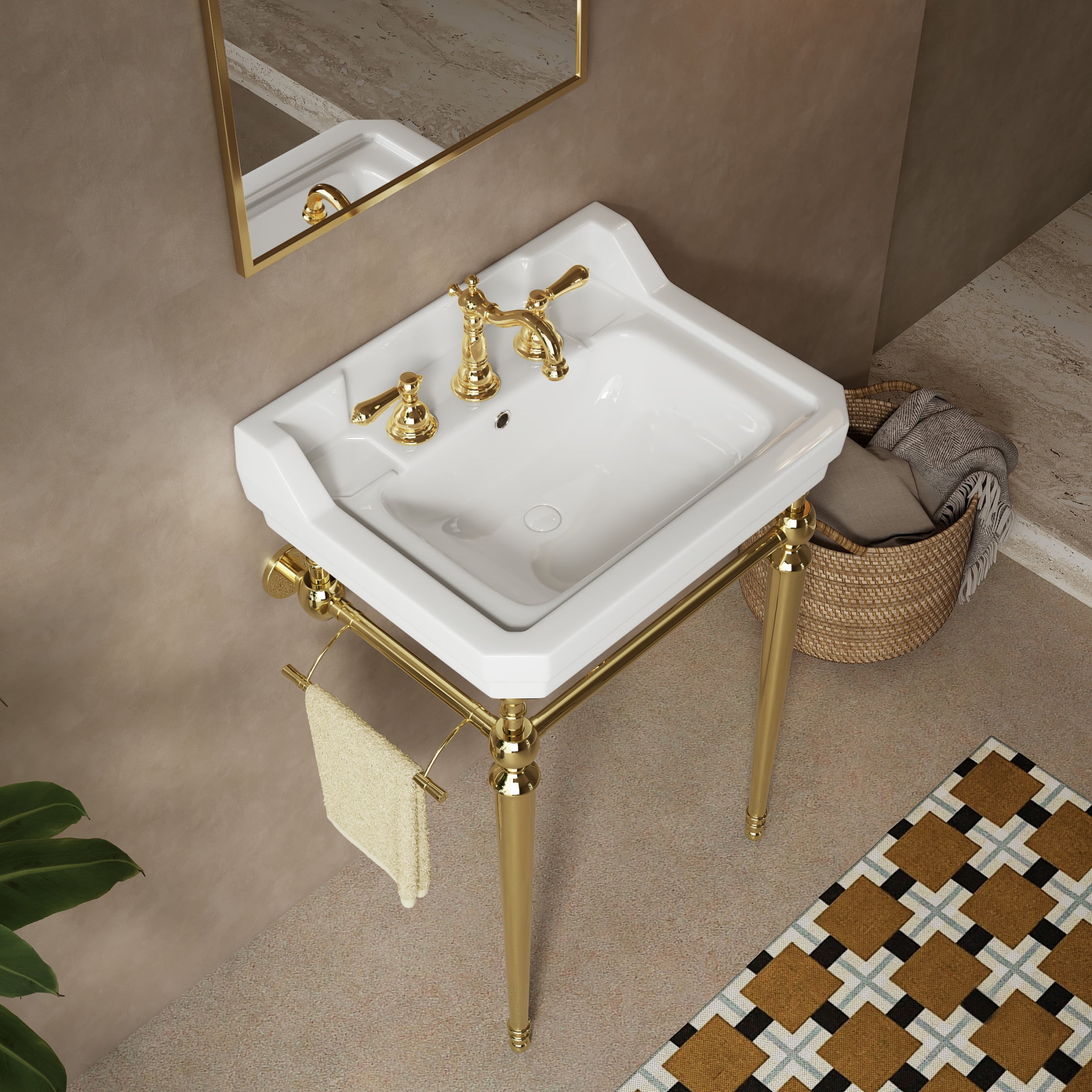 Noble House VICI 23" Bathroom Console Sink, Wall-Mounted Ceramic Basin Vanity with Stainless Steel Legs, White & Gold