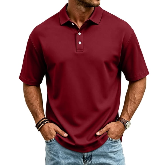 Dwelliawo Mens Dri-Mesh Polo Shirt Solid Color Fit Breathable Golf Shirt Workwear T Shirt Red L