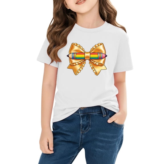 WRKEKC Girls T-Shirts Short Sleeve Round Neck Print Soft Cotton Tops with Preschool Beginnings Pattern for Kids Daily Wear 3-10 Years