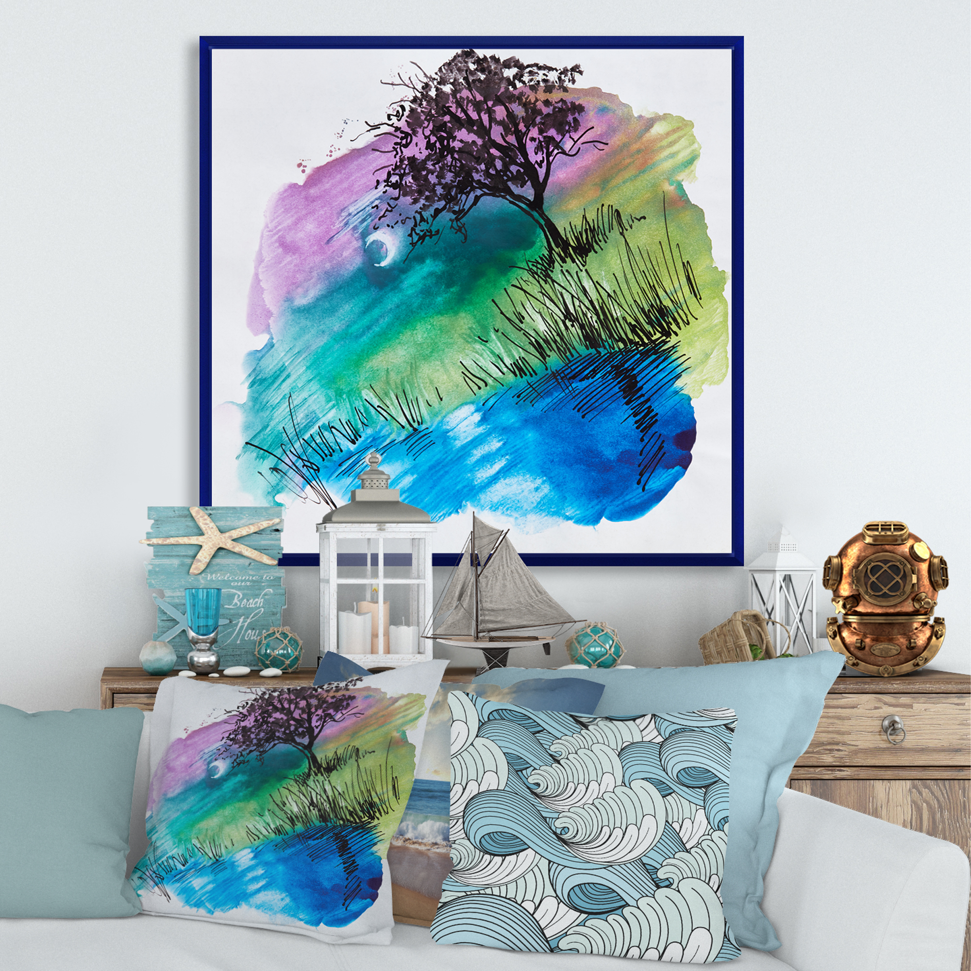 Rainbow Silhouette Of Tree On The Riverbank At Night 16 in x 16 in Framed Painting Canvas Art Print, by Designart
